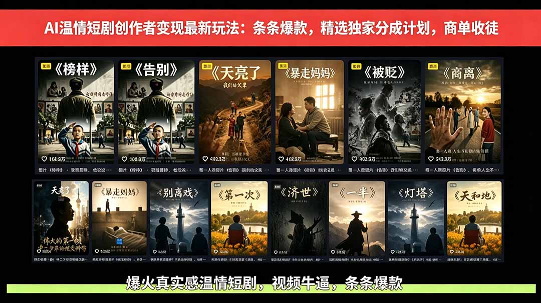 （18748期）AI温情短剧创作者变现最新玩法：视频牛逼，条条爆款，精选独家分成计划，商单收徒汇创网-网创项目_汇创网_中创网_福缘网_冒泡网_网创项目平台汇创网