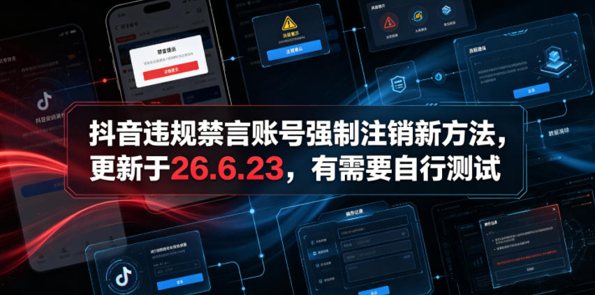 （19015期）抖音违规禁言账号强制注销新方法，更新于26.6.23，有需要自行测试汇创网-网创项目_汇创网_中创网_福缘网_冒泡网_网创项目平台汇创网