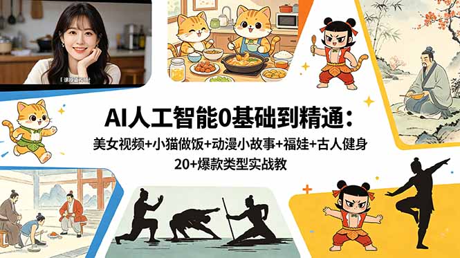 （18685期）AI人工智能0基础到精通：美女视频+小猫做饭+动漫小故事+福娃+古人健身，20+爆款类型实战教学汇创网-网创项目_汇创网_中创网_福缘网_冒泡网_网创项目平台汇创网