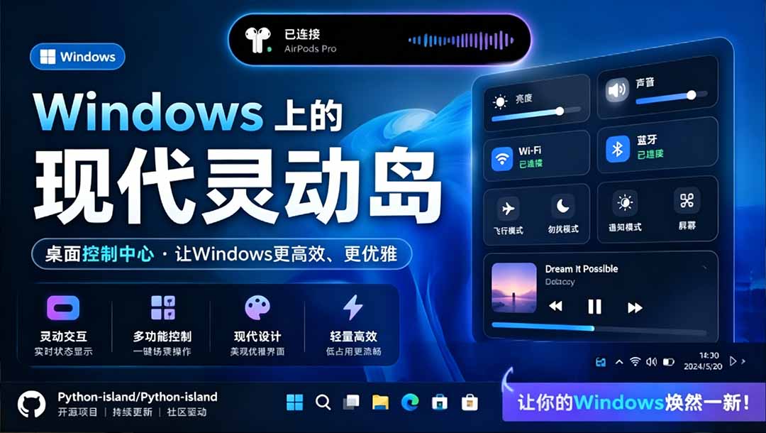 （19104期）Windows也能拥有桌面灵动岛！现代化的系统控制中心，让你的电脑多个黑刘海，PyIsland汇创网-网创项目_汇创网_中创网_福缘网_冒泡网_网创项目平台汇创网