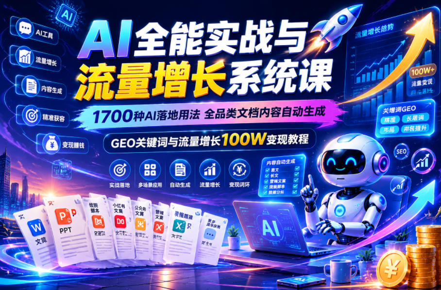 AI全能实战与流量增长系统课，1700种AI落地用法，全品类文档内容自动生成，GEO关键词与流量增长100W变现教程汇创网-网创项目_汇创网_中创网_福缘网_冒泡网_网创项目平台汇创网