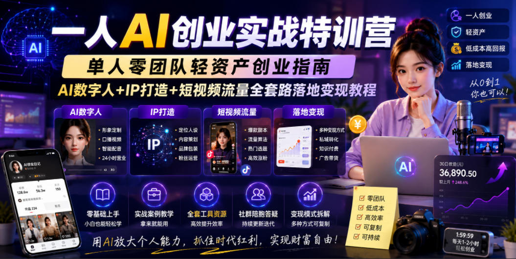 一人AI创业实战特训营，单人零团队轻资产创业指南，AI数字人+IP打造+短视频流量全套路落地变现教程汇创网-网创项目_汇创网_中创网_福缘网_冒泡网_网创项目平台汇创网