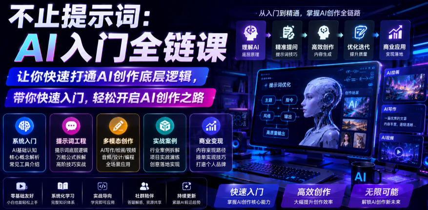 不止提示词：AI入门全链课，让你快速打通AI创作底层逻辑，带你快速入门，轻松开启AI创作之路汇创网-网创项目_汇创网_中创网_福缘网_冒泡网_网创项目平台汇创网
