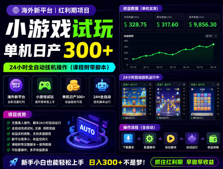 海外新平台，小游戏试玩，单机日产300+，24小时全自动挂G操作（课程附带脚本）【揭秘】汇创网-网创项目_汇创网_中创网_福缘网_冒泡网_网创项目平台汇创网
