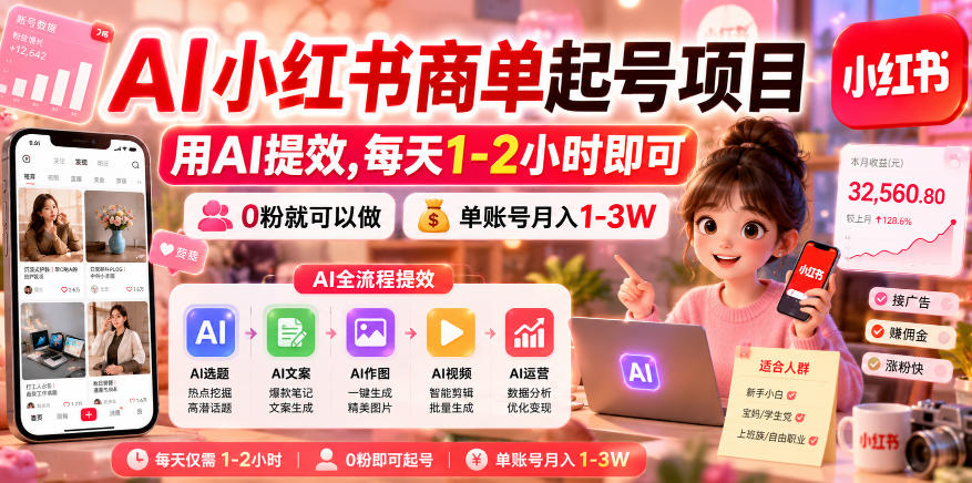 AI小红书商单起号项目，用AI提效,每天1-2小时即可，0粉就可以做，单账号月入1-3W汇创网-网创项目_汇创网_中创网_福缘网_冒泡网_网创项目平台汇创网