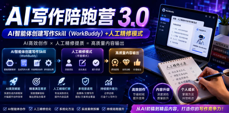AI写作陪跑营3.0，Ai智能体创建写作skill（workbuddy）+人工手写模式（手搓模式），去除AI痕迹（头条号、公众号、百家号）汇创网-网创项目_汇创网_中创网_福缘网_冒泡网_网创项目平台汇创网