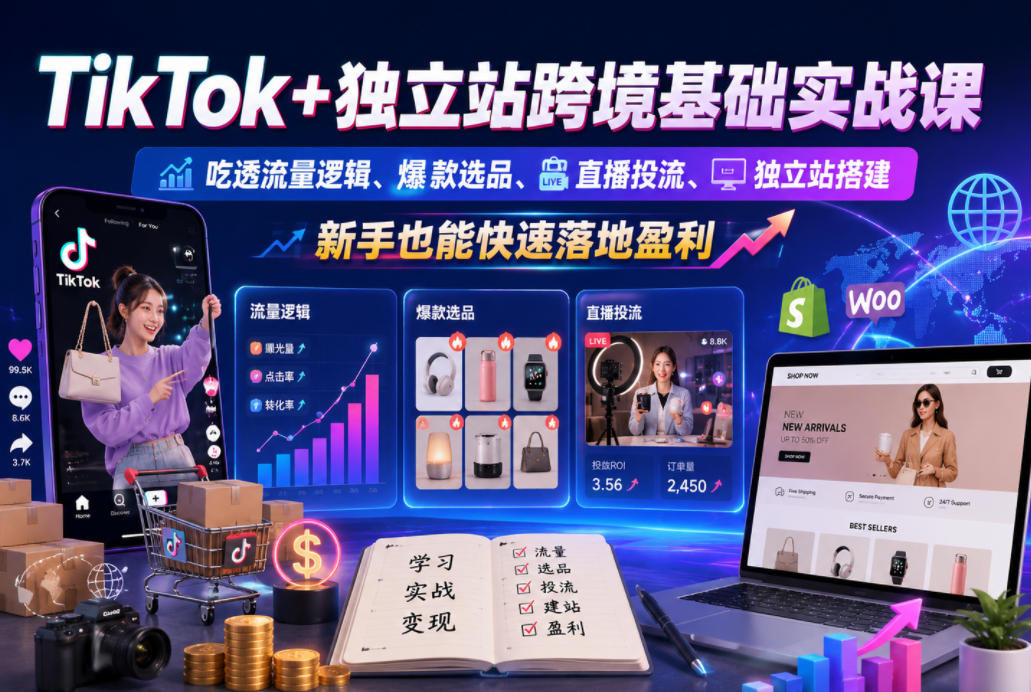 TikTok+独立站跨境基础实战课,吃透流量逻辑、爆款选品、直播投流与独立站搭建,新手也能快速落地盈利汇创网-网创项目_汇创网_中创网_福缘网_冒泡网_网创项目平台汇创网