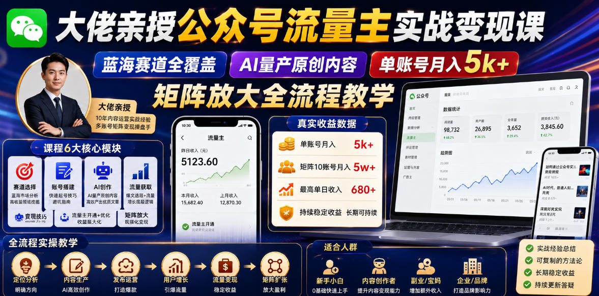 大佬亲授公众号流量主实战变现课，蓝海赛道全覆盖，AI量产原创内容，单账号月入5k+矩阵放大全流程教学汇创网-网创项目_汇创网_中创网_福缘网_冒泡网_网创项目平台汇创网