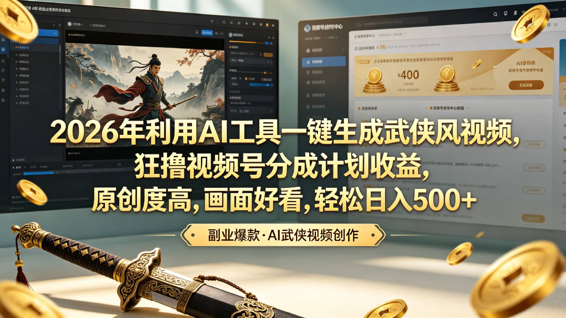 2026年利用AI工具一键生成武侠风视频,狂撸视频号分成计划收益,原创度高,画面好看,轻松日入500+汇创网-网创项目_汇创网_中创网_福缘网_冒泡网_网创项目平台汇创网