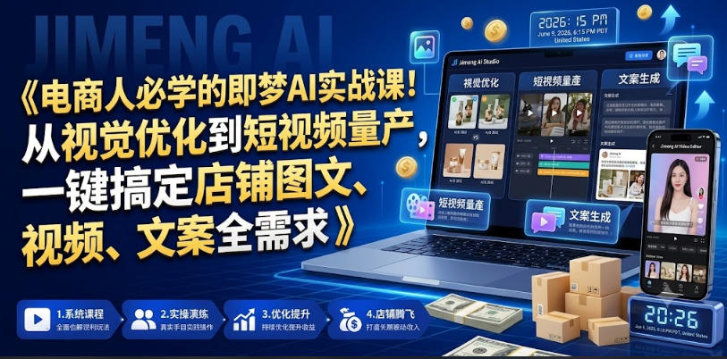 电商人必学的即梦AI实战课!从视觉优化到短视频量产,一键搞定店铺图文、视频、文案全需求汇创网-网创项目_汇创网_中创网_福缘网_冒泡网_网创项目平台汇创网