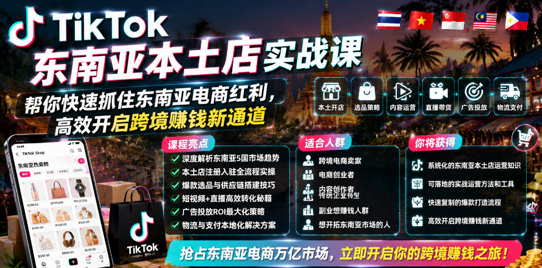 TikTok东南亚本土店实战课，帮你快速抓住东南亚电商红利，高效开启跨境賺钱新通道汇创网-网创项目_汇创网_中创网_福缘网_冒泡网_网创项目平台汇创网