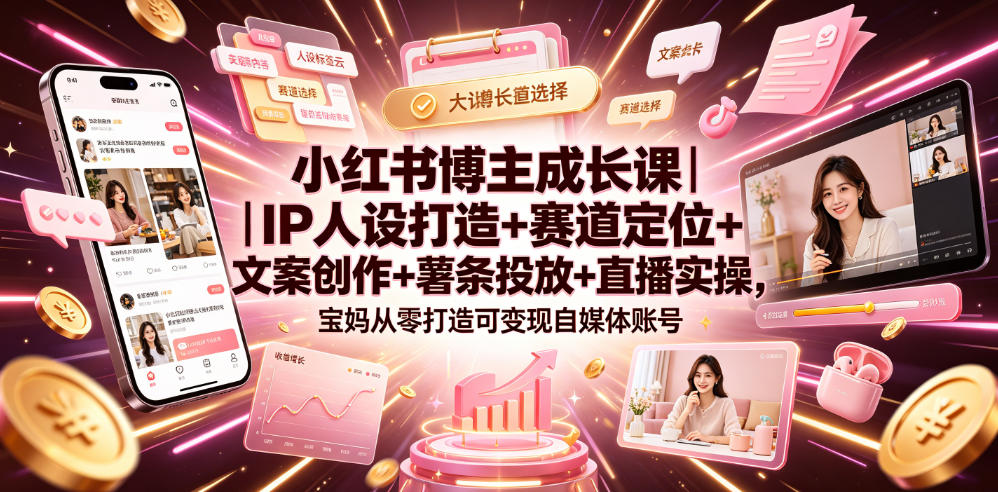 小红书博主成长课｜IP人设打造+赛道定位+文案创作+薯条投放+直播实操，宝妈从零打造可变现自媒体账号汇创网-网创项目_汇创网_中创网_福缘网_冒泡网_网创项目平台汇创网