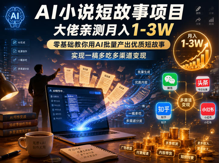 AI小说短故事项目，大佬亲测月入1-3W，零基础教你用AI批量产出优质短故事，实现一稿多吃多渠道变现汇创网-网创项目_汇创网_中创网_福缘网_冒泡网_网创项目平台汇创网