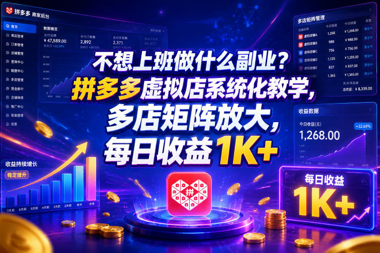 不想上班做什么副业？拼多多虚拟店系统化教学，多店矩阵放大，每日收益1K+【揭秘】汇创网-网创项目_汇创网_中创网_福缘网_冒泡网_网创项目平台汇创网