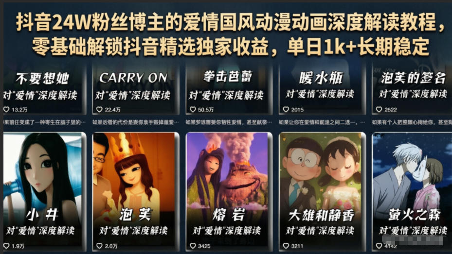 抖音24W粉丝博主的爱情国风动漫动画深度解读教程，零基础解锁抖音精选独家收益，单日1k+长期稳定汇创网-网创项目_汇创网_中创网_福缘网_冒泡网_网创项目平台汇创网
