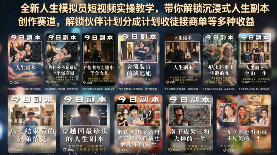 全新人生模拟员短视频实操教学，带你解锁沉浸式人生副本创作赛道，解锁伙伴计划分成计划收徒接商单等多种收益汇创网-网创项目_汇创网_中创网_福缘网_冒泡网_网创项目平台汇创网