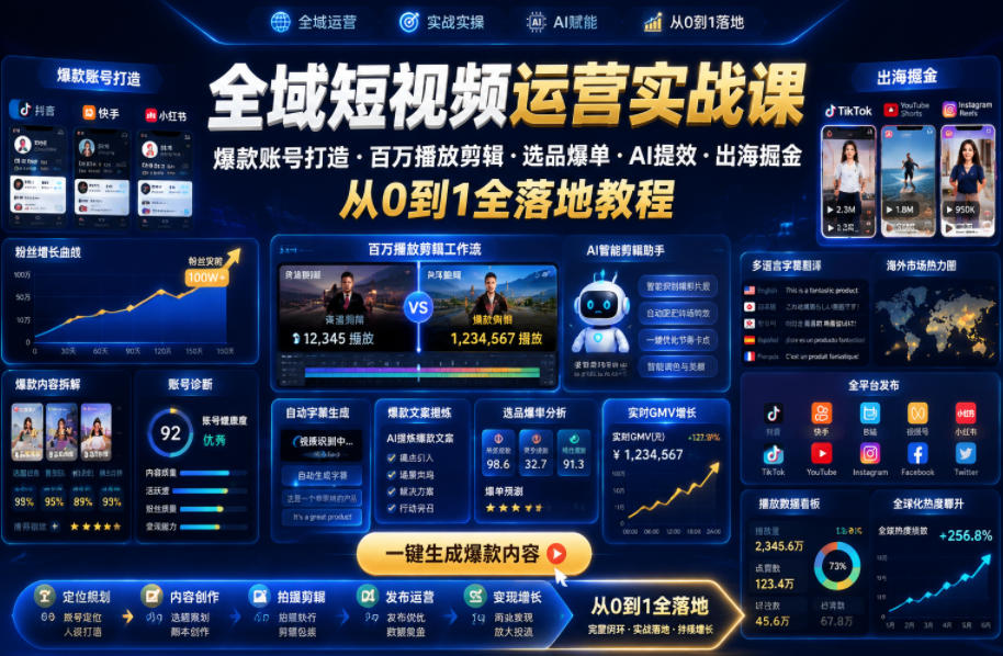 全域短视频运营实战课，爆款账号打造・百万播放剪辑・选品爆单・AI提效・出海掘金，从0到1全落地教程汇创网-网创项目_汇创网_中创网_福缘网_冒泡网_网创项目平台汇创网