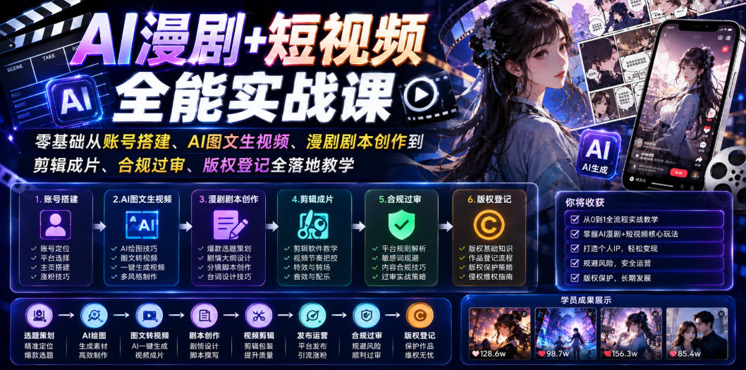 AI漫剧+短视频全能实战课｜零基础从账号搭建、AI图文生视频、漫剧剧本创作到剪辑成片、合规过审、版权登记全落地教学汇创网-网创项目_汇创网_中创网_福缘网_冒泡网_网创项目平台汇创网