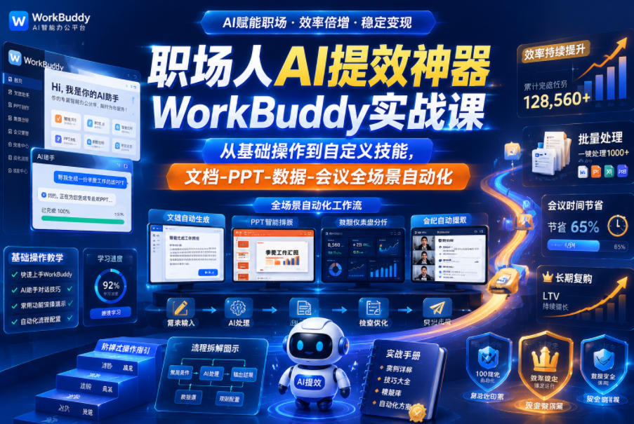 职场人AI提效神器WorkBuddy实战课，从基础操作到自定义技能，文档-PPT-数据-会议全场景自动化汇创网-网创项目_汇创网_中创网_福缘网_冒泡网_网创项目平台汇创网