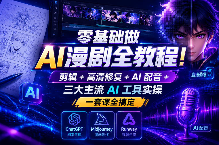 零基础做AI漫剧全教程！剪辑+高清修复+AI配音+三大主流AI工具实操，一套课全搞定汇创网-网创项目_汇创网_中创网_福缘网_冒泡网_网创项目平台汇创网