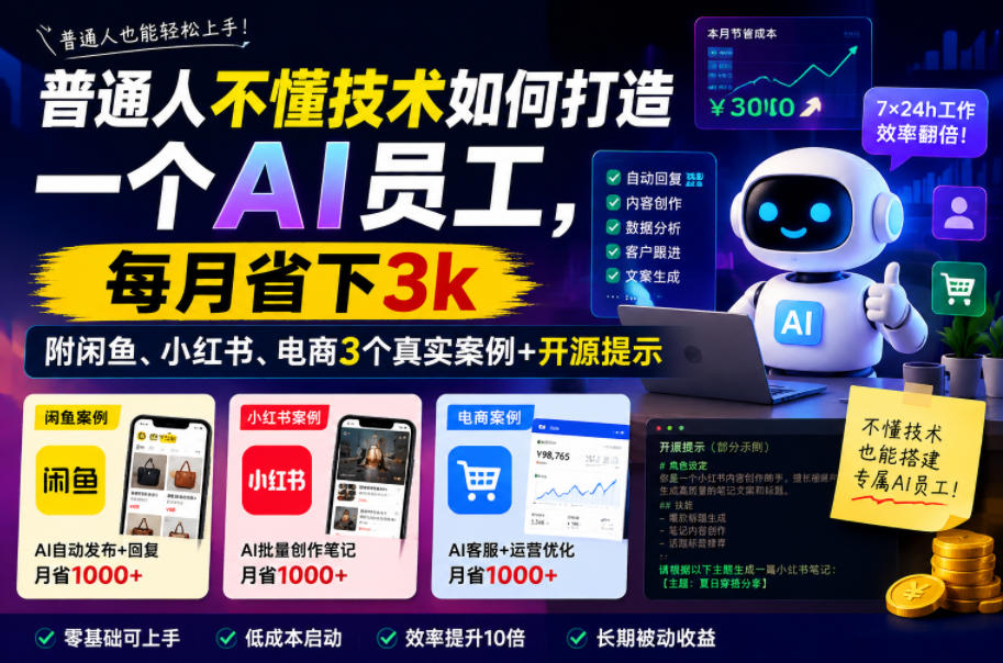 普通人不懂技术如何打造一个AI员工，每月省下3k，附闲鱼、小红书、电商3个真实案例+开源提示【文档】汇创网-网创项目_汇创网_中创网_福缘网_冒泡网_网创项目平台汇创网