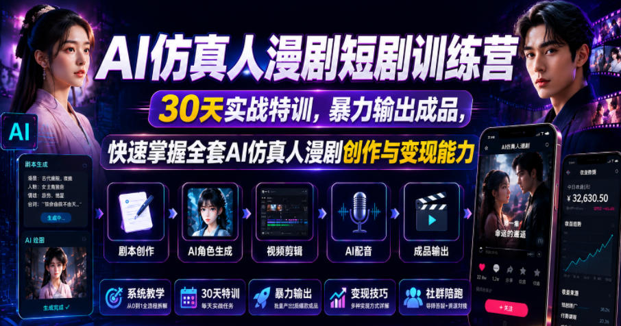 AI仿真人漫剧短剧训练营,30天实战特训,暴力输出成品,快速掌握全套AI仿真人漫剧创作与变现能力汇创网-网创项目_汇创网_中创网_福缘网_冒泡网_网创项目平台汇创网