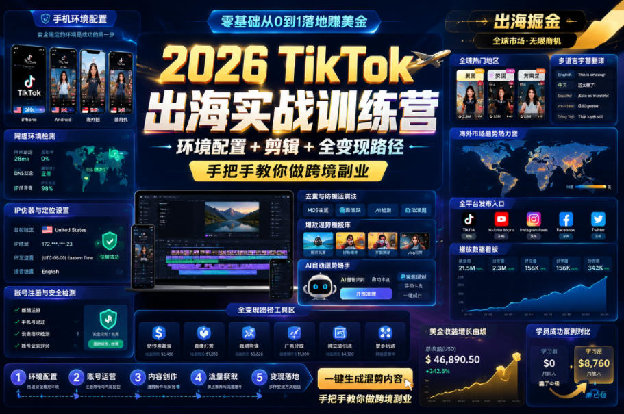 2026 TikTok出海实战训练营，环境配置 + 剪辑 + 全变现路径，手把手教你做跨境副业汇创网-网创项目_汇创网_中创网_福缘网_冒泡网_网创项目平台汇创网