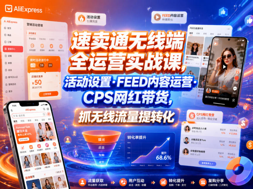 速卖通无线端全运营实战课，活动设置・FEED内容运营・CPS网红带货，抓无线流量提转化汇创网-网创项目_汇创网_中创网_福缘网_冒泡网_网创项目平台汇创网