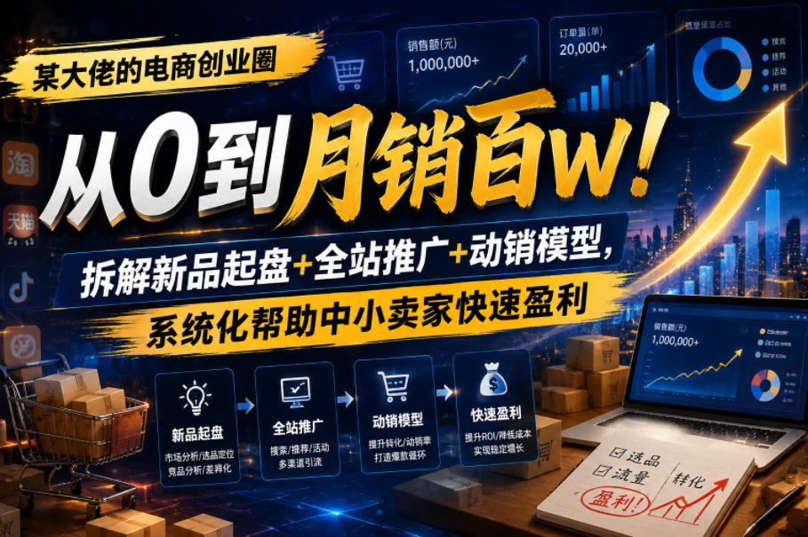 某大佬的电商创业圈从0到月销百W!拆解新品起盘+全站推广+动销模型,系统化帮助中小卖家快速盈利汇创网-网创项目_汇创网_中创网_福缘网_冒泡网_网创项目平台汇创网