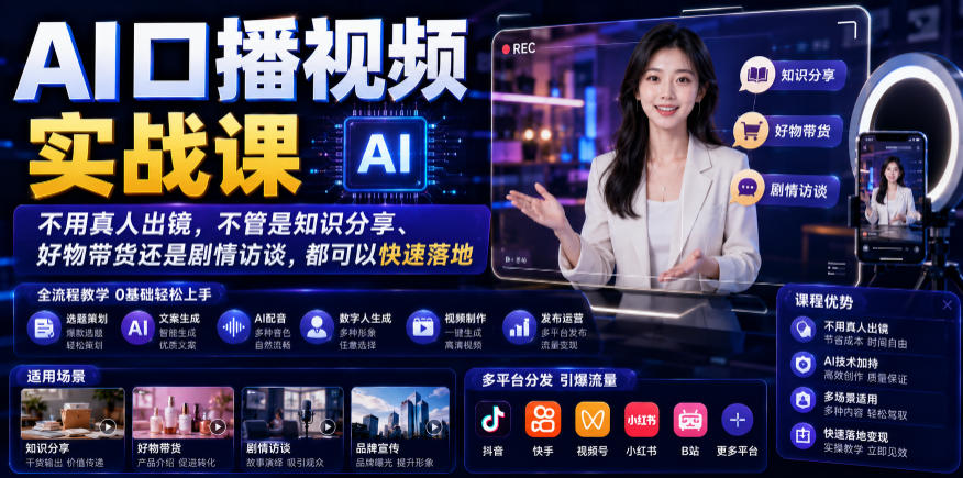 AI口播视频实战课，不用真人出镜，不管是知识分享、好物带货还是剧情访谈，都可以快速落地汇创网-网创项目_汇创网_中创网_福缘网_冒泡网_网创项目平台汇创网