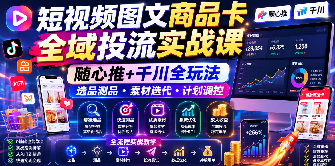 短视频图文商品卡全域投流实战课,随心推+千川全玩法,选品测品・素材迭代・计划调控,提升ROI爆单增收教程汇创网-网创项目_汇创网_中创网_福缘网_冒泡网_网创项目平台汇创网
