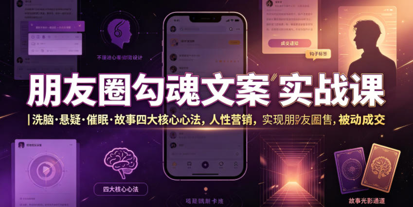 朋友圈勾魂文案实战课｜洗脑·悬疑·催眠·故事四大核心心法，吃透人性营销，实现朋友圈不销而售被动成交汇创网-网创项目_汇创网_中创网_福缘网_冒泡网_网创项目平台汇创网