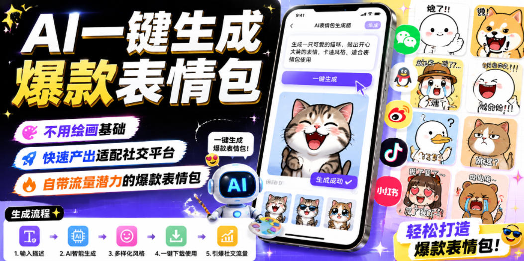 AI一键生成爆款表情包，不用绘画基础，快速产出适配社交平台，自带流量潜力的爆款表情包汇创网-网创项目_汇创网_中创网_福缘网_冒泡网_网创项目平台汇创网