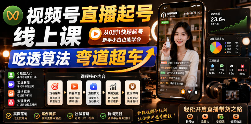 视频号直播起号线上课,吃透算法弯道超车(2026年6月)汇创网-网创项目_汇创网_中创网_福缘网_冒泡网_网创项目平台汇创网