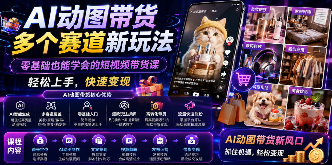 AI动图带货多个赛道新玩法，零基础也能学会的短视频带货课，轻松上手，快速变现汇创网-网创项目_汇创网_中创网_福缘网_冒泡网_网创项目平台汇创网