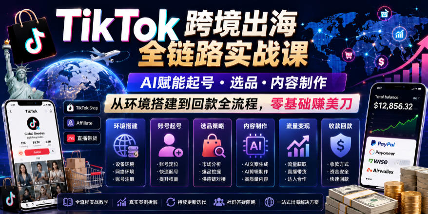 TikTok跨境出海全链路实战课，AI赋能起号・选品・内容制作，从环境搭建到回款全流程，零基础賺美刀汇创网-网创项目_汇创网_中创网_福缘网_冒泡网_网创项目平台汇创网