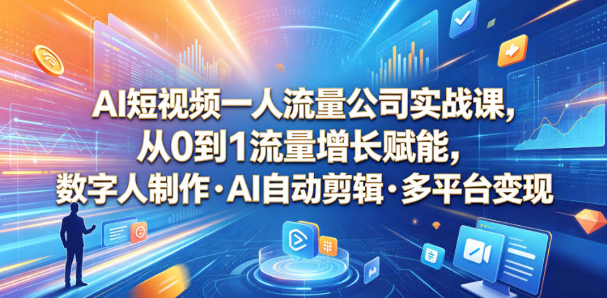 AI短视频一人流量公司实战课，从0到1流量增长赋能，数字人制作・AI自动剪辑・多平台变现，一人做流量生意全落地教程汇创网-网创项目_汇创网_中创网_福缘网_冒泡网_网创项目平台汇创网