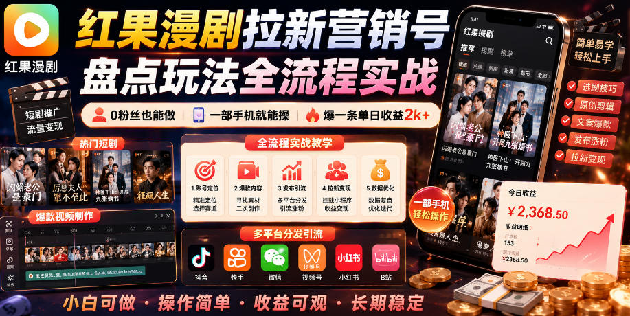 红果漫剧拉新营销号盘点玩法全流程实战,0粉丝也能做,一部手机就能做,爆一条单日收益2k+汇创网-网创项目_汇创网_中创网_福缘网_冒泡网_网创项目平台汇创网