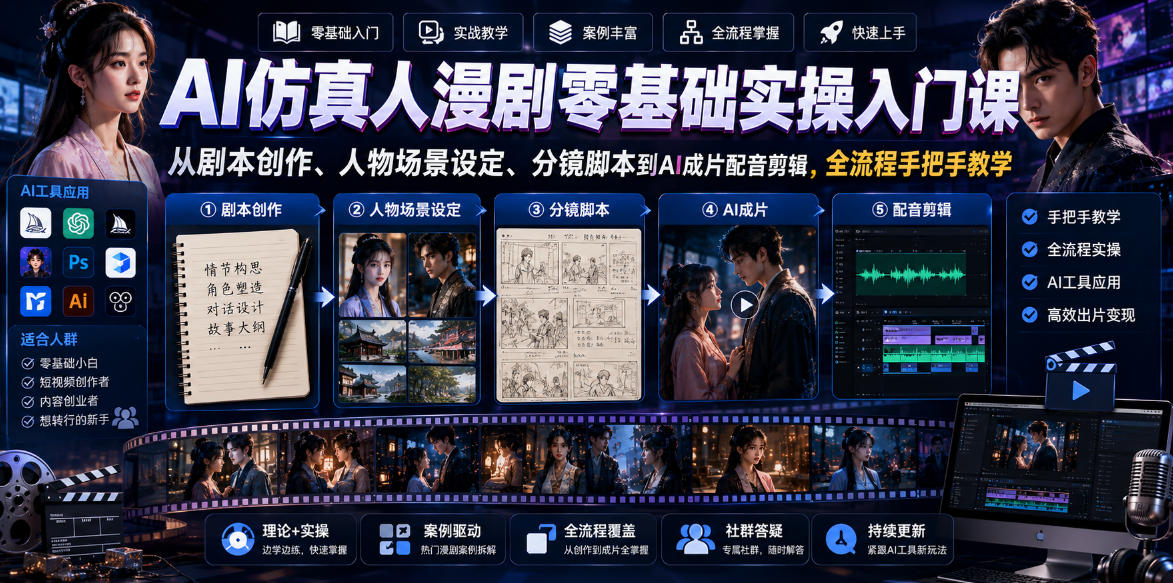 AI仿真人漫剧零基础实操入门课,从剧本创作、人物场景设定、分镜脚本到AI成片配音剪辑,全流程手把手教学汇创网-网创项目_汇创网_中创网_福缘网_冒泡网_网创项目平台汇创网