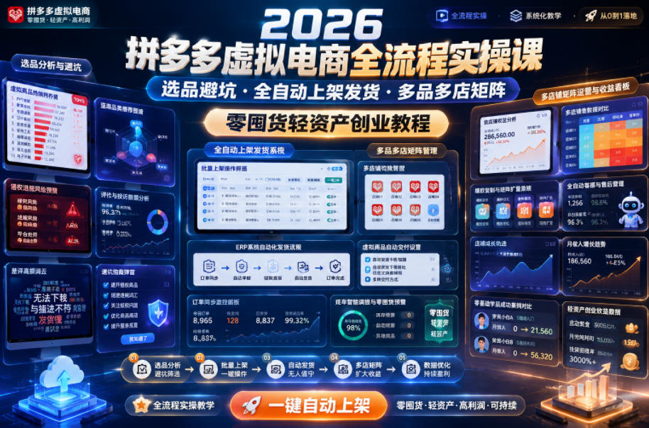 2026拼多多虚拟电商全流程实操课,选品避坑・全自动上架发货・多品多店矩阵,零囤货轻资产创业教程汇创网-网创项目_汇创网_中创网_福缘网_冒泡网_网创项目平台汇创网