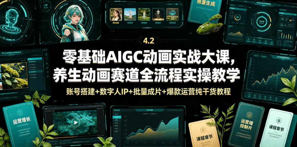 零基础AIGC动画实战大课，养生动画赛道全流程实操教学，账号搭建+数字人IP+批量成片+爆款运营纯干货教程汇创网-网创项目_汇创网_中创网_福缘网_冒泡网_网创项目平台汇创网