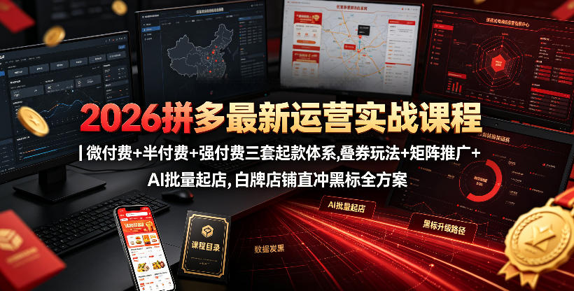 2026拼多多最新运营实战课程｜微付费+半付费+强付费三套起款体系，叠券玩法+矩阵推广+AI批量起店，白牌店铺直冲黑标全方案汇创网-网创项目_汇创网_中创网_福缘网_冒泡网_网创项目平台汇创网