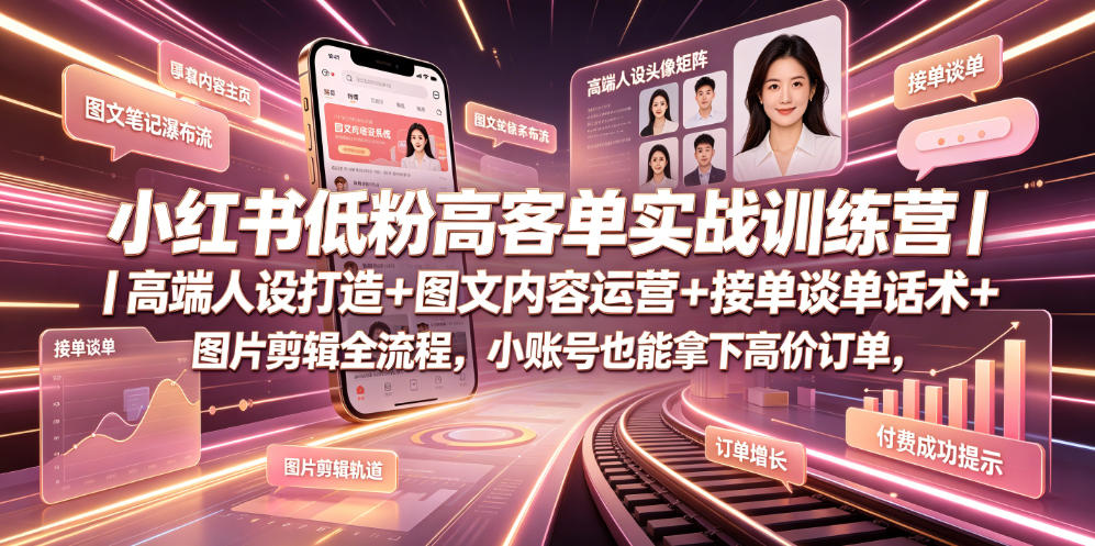 小红书低粉高客单实战训练营｜高端人设打造+图文内容运营+接单谈单话术+图片剪辑全流程，小账号也能拿下高价订单汇创网-网创项目_汇创网_中创网_福缘网_冒泡网_网创项目平台汇创网
