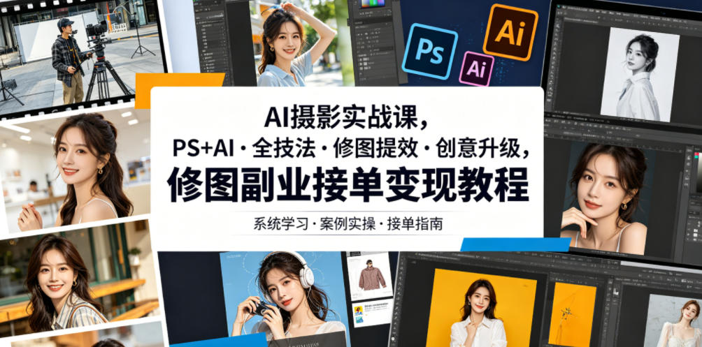 AI摄影实战课，PS+AI・全技法・修图提效・创意升级，修图副业接单变现教程汇创网-网创项目_汇创网_中创网_福缘网_冒泡网_网创项目平台汇创网