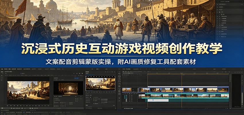 沉浸式历史互动游戏视频创作教学：文案配音剪辑蒙版实操，附AI画质修复工具配套素材汇创网-网创项目_汇创网_中创网_福缘网_冒泡网_网创项目平台汇创网