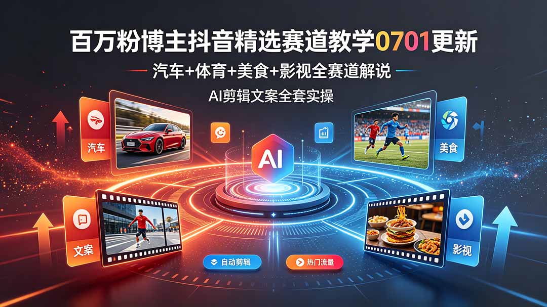 （19144期）百万粉博主抖音精选赛道教学-0701更新，汽车+体育+美食+影视全赛道解说，AI剪辑文案全套实操汇创网-网创项目_汇创网_中创网_福缘网_冒泡网_网创项目平台汇创网