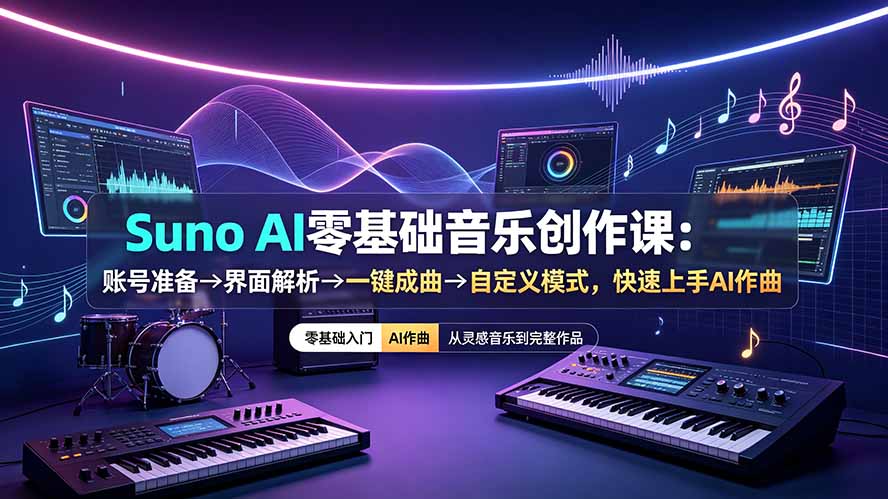 （19264期）Suno AI零基础音乐创作课：账号准备→界面解析→一键成曲→自定义模式，快速上手AI作曲汇创网-网创项目_汇创网_中创网_福缘网_冒泡网_网创项目平台汇创网