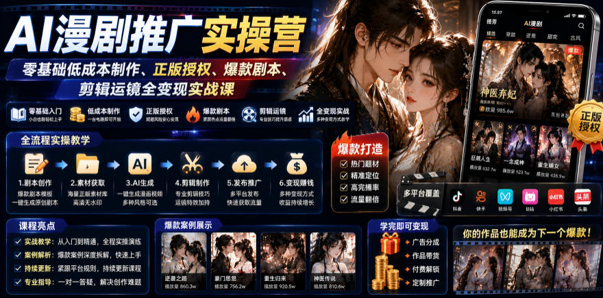 AI漫剧推广实操营｜零基础低成本制作、正版授权、爆款剧本、剪辑运镜全变现实战课汇创网-网创项目_汇创网_中创网_福缘网_冒泡网_网创项目平台汇创网